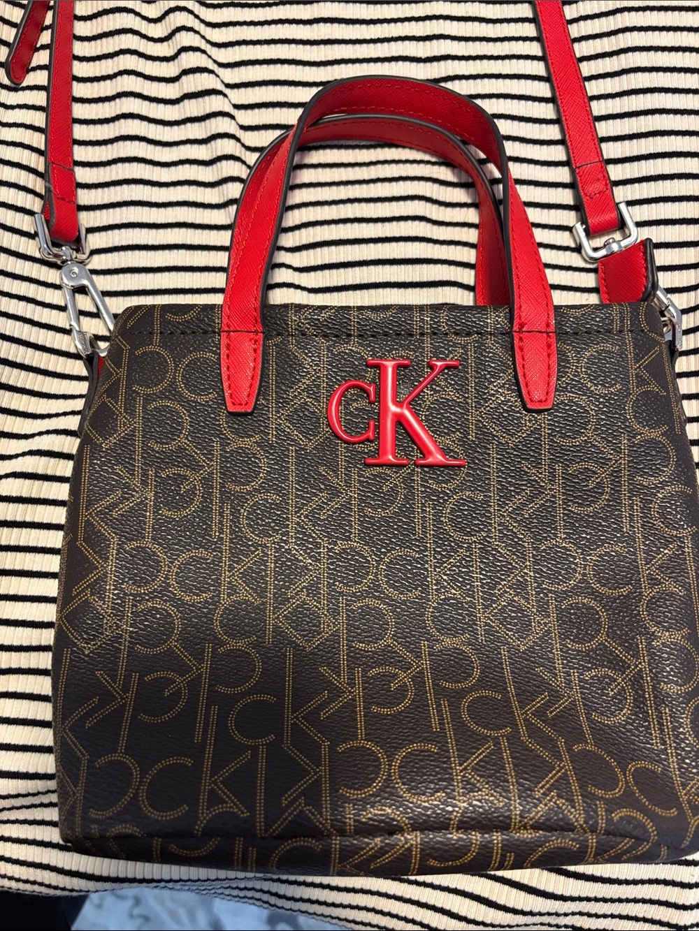 Calvin Klein Brown Monogram Shoulder Bag with Red Trim